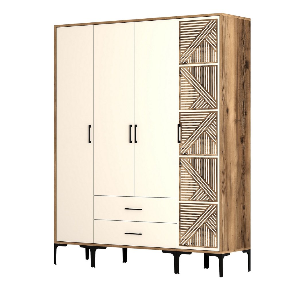 Kumsal Wooden Wardrobe with 4 Doors in Cream and Walnut