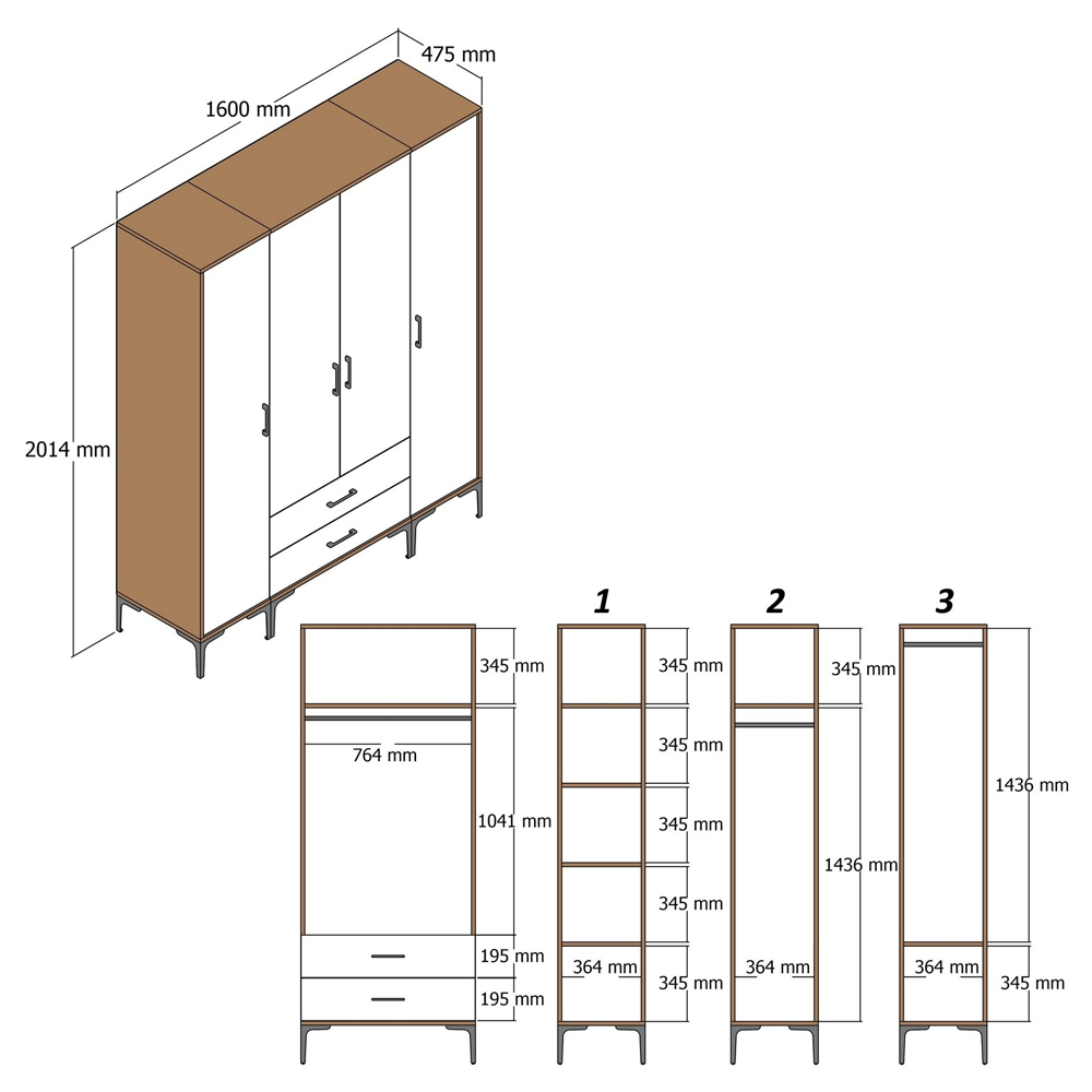Kumsal Wooden Wardrobe with 4 Doors in Cream and Walnut