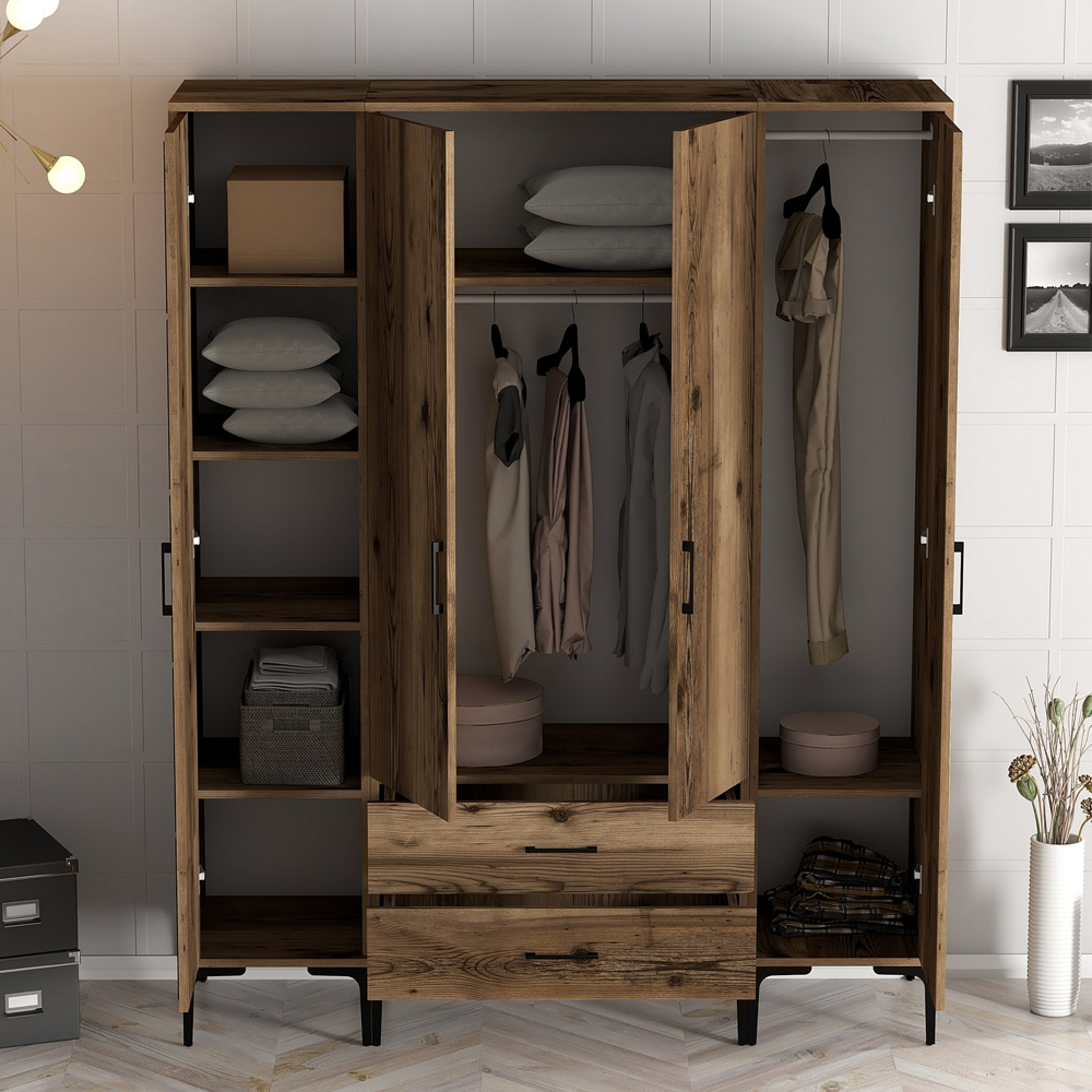 Kumsal Wooden Wardrobe with 4 Doors in Walnut