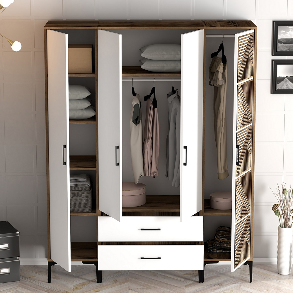 Kumsal Wooden Wardrobe with 4 Doors in White and Walnut