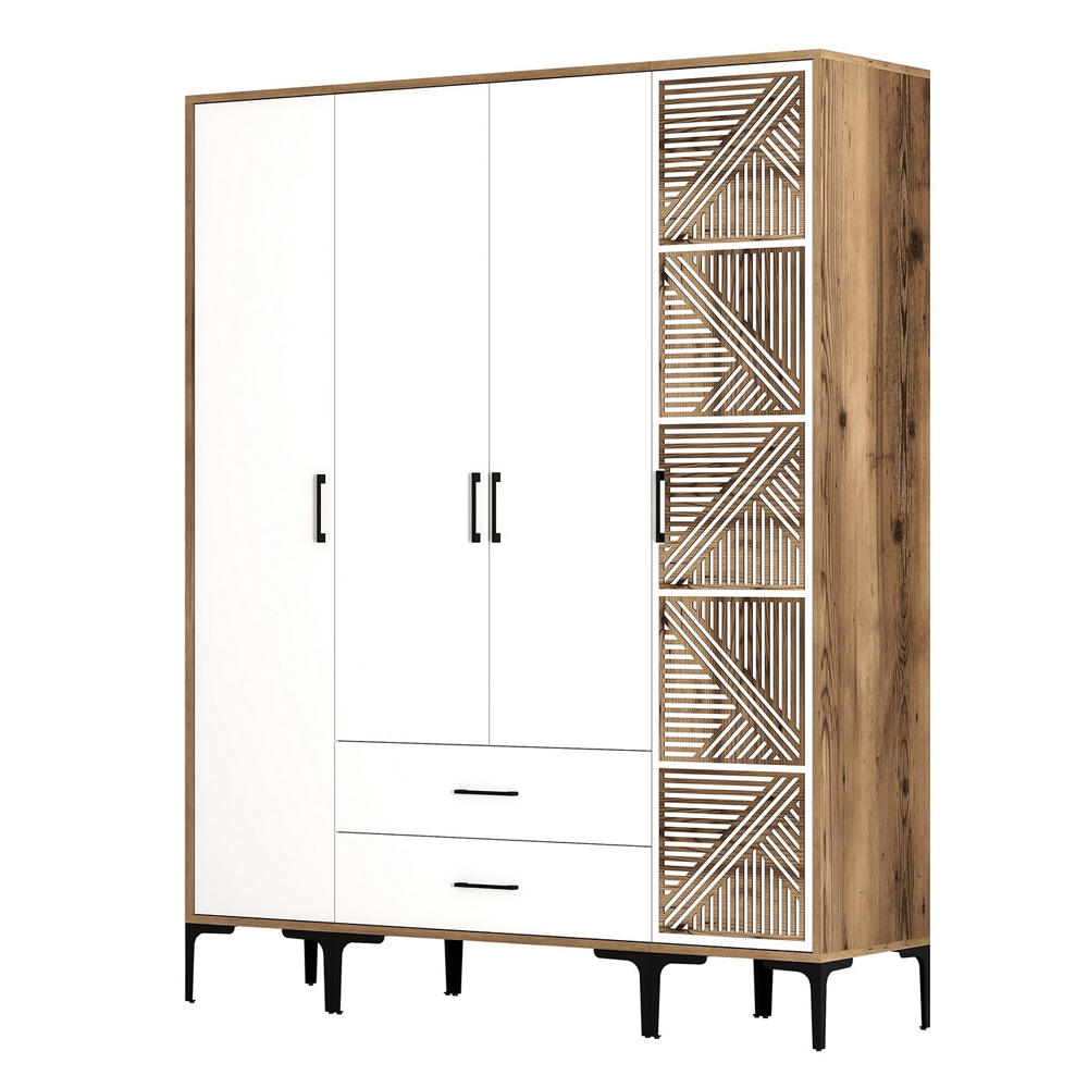 Kumsal Wooden Wardrobe with 4 Doors in White and Walnut