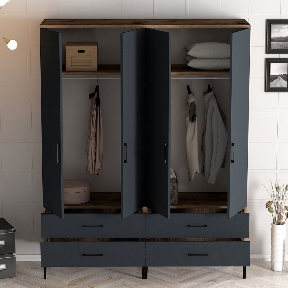 Kumsal Wooden Wardrobe with Anthracite 4 Doors 4 Drawers in Walnut