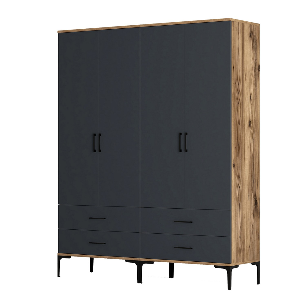 Kumsal Wooden Wardrobe with Anthracite 4 Doors 4 Drawers in Walnut