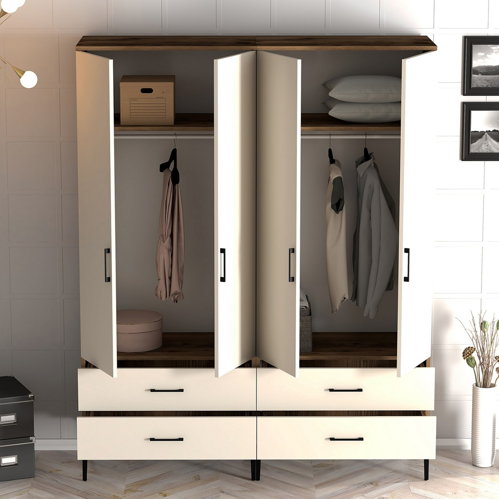 Kumsal Wooden Wardrobe with Cream 4 Doors 4 Drawers in Walnut