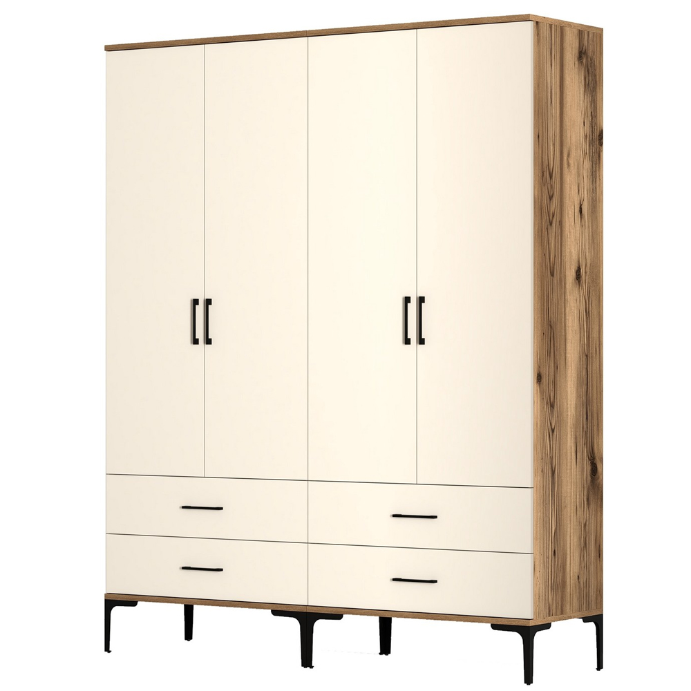 Kumsal Wooden Wardrobe with Cream 4 Doors 4 Drawers in Walnut