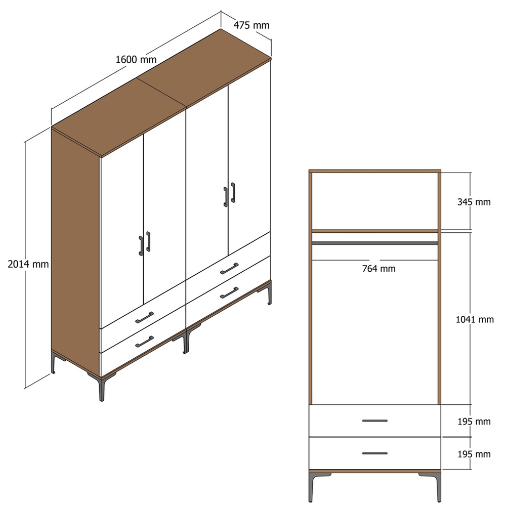 Kumsal Wooden Wardrobe with Cream 4 Doors 4 Drawers in Walnut