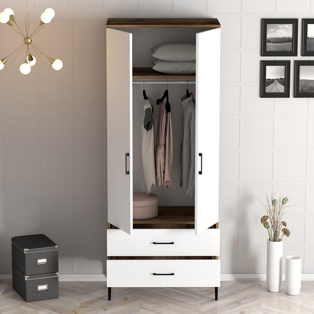Kumsal Wooden Wardrobe with White 2 Doors 2 Drawers in Walnut