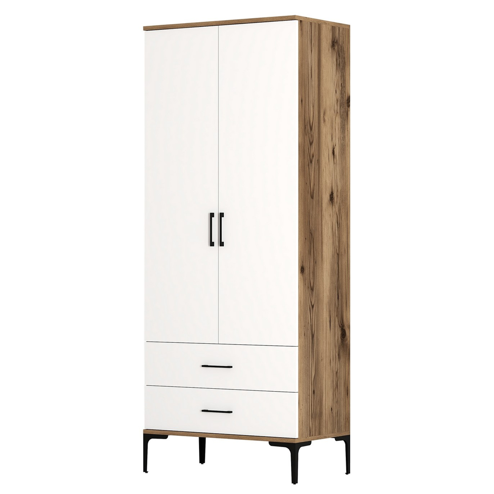 Kumsal Wooden Wardrobe with White 2 Doors 2 Drawers in Walnut