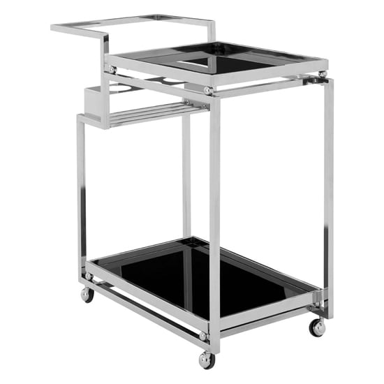 Kurhah Black Glass 2 Tier Drinks Trolley With Silver Steel Frame