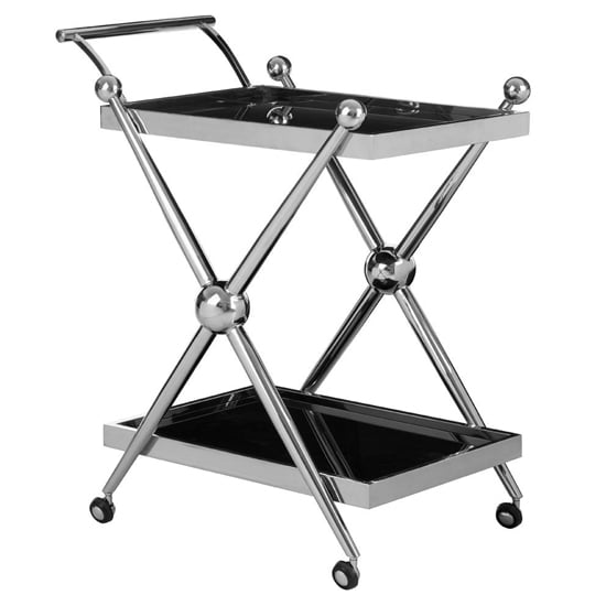 Read more about Kurhah black glass serving trolley with silver cross frame