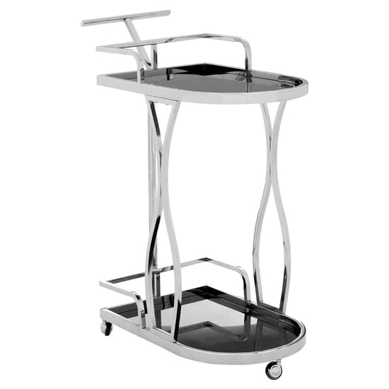 Kurhah Black Glass Serving Trolley With Silver Wavy Frame_1