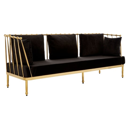 Photo of Kurhah black velvet 3 seater sofa with gold tapered frame