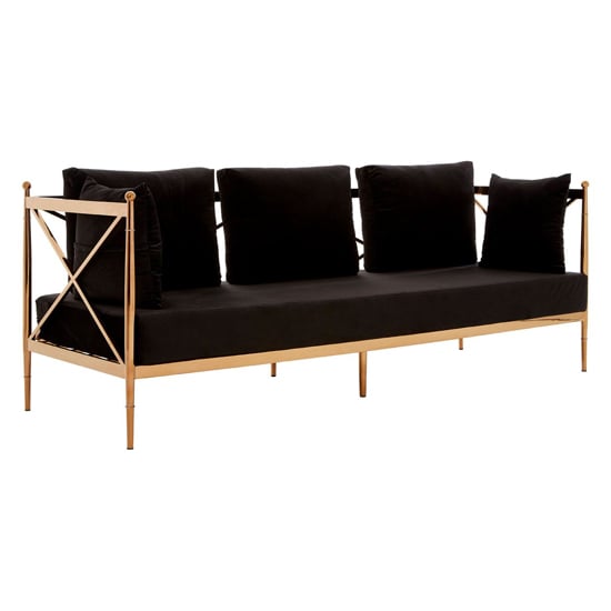 Read more about Kurhah black velvet 3 seater sofa with rose gold lattice frame