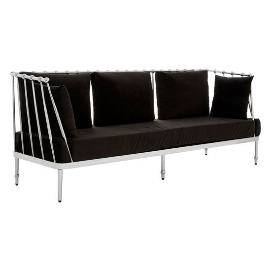 Photo of Kurhah black velvet 3 seater sofa with silver tapered frame