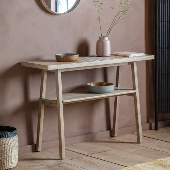 Photo of Kyron rectangular wooden console table in natural