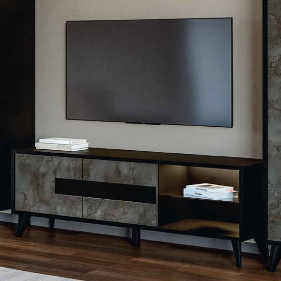 Laax TV Stand In Matt Black Oxide With 2 Doors 1 Shelf And LED
