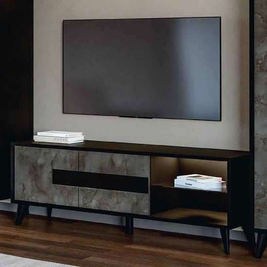Read more about Laax tv stand in matt black oxide with 2 doors 1 shelf and led