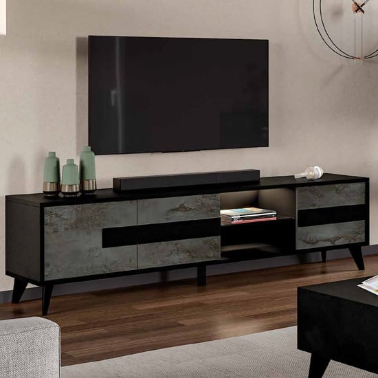 Product photograph of Laax Tv Stand In Matt Black Oxide With 3 Doors 1 Shelf And Led from Furniture in Fashion