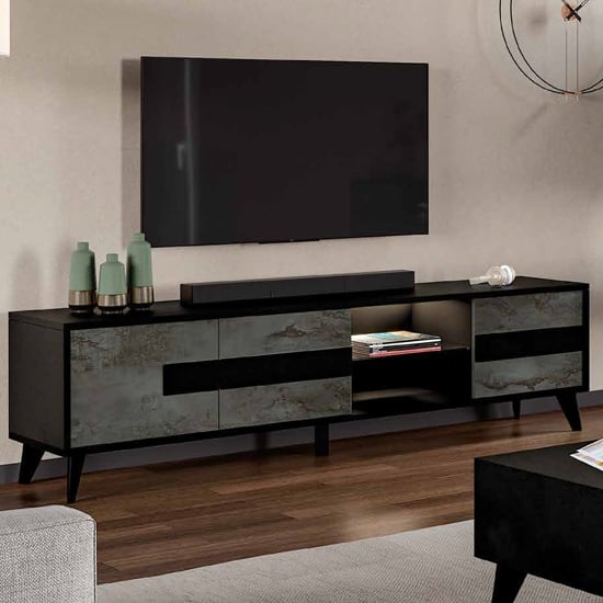 Read more about Laax tv stand in matt black oxide with 3 doors 1 shelf and led