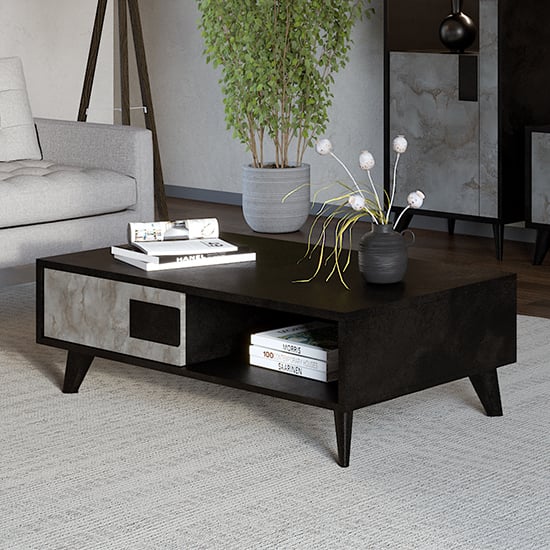 Product photograph of Laax Wooden Coffee Table With 1 Drawer In Matt Black And Oxide from Furniture in Fashion
