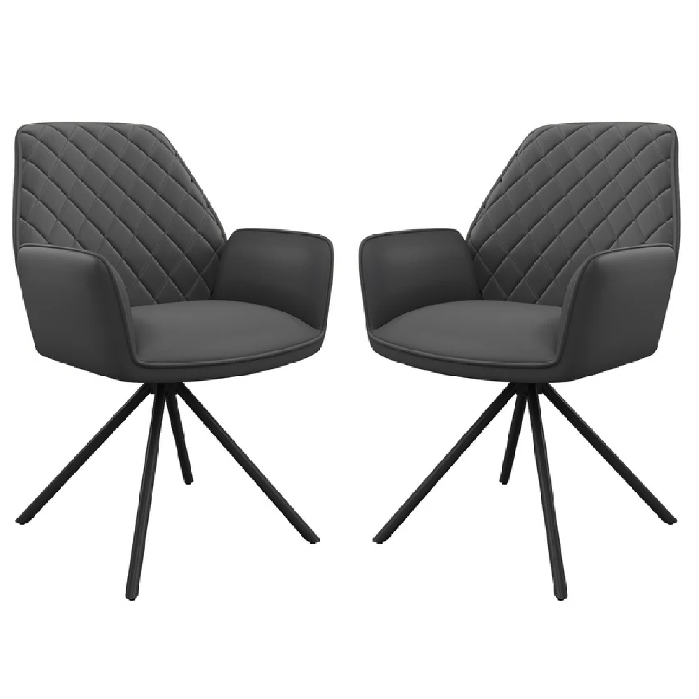 Read more about Lacey grey leather dining chairs with black legs in pair