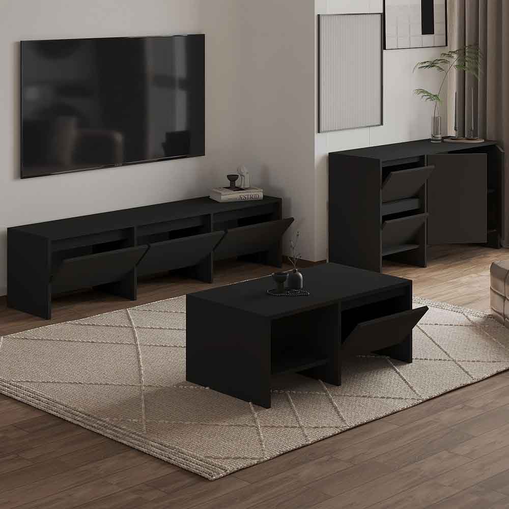 Lacin Wooden Living Room Furniture Set in Black