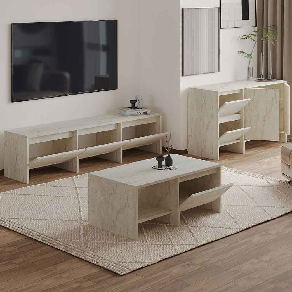 Lacin Wooden Living Room Furniture Set in Travertine Marble Effect