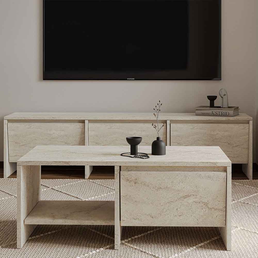 Lacin Wooden Living Room Furniture Set in Travertine Marble Effect