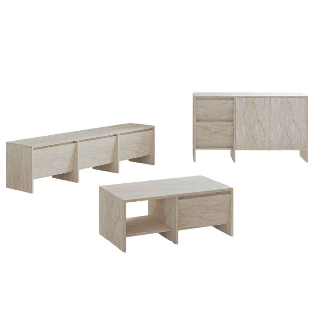 Lacin Wooden Living Room Furniture Set in Travertine Marble Effect