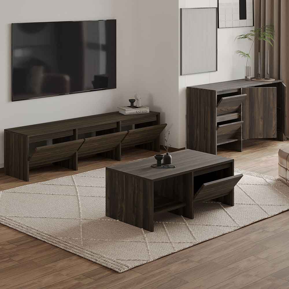 Lacin Wooden Living Room Furniture Set in Walnut