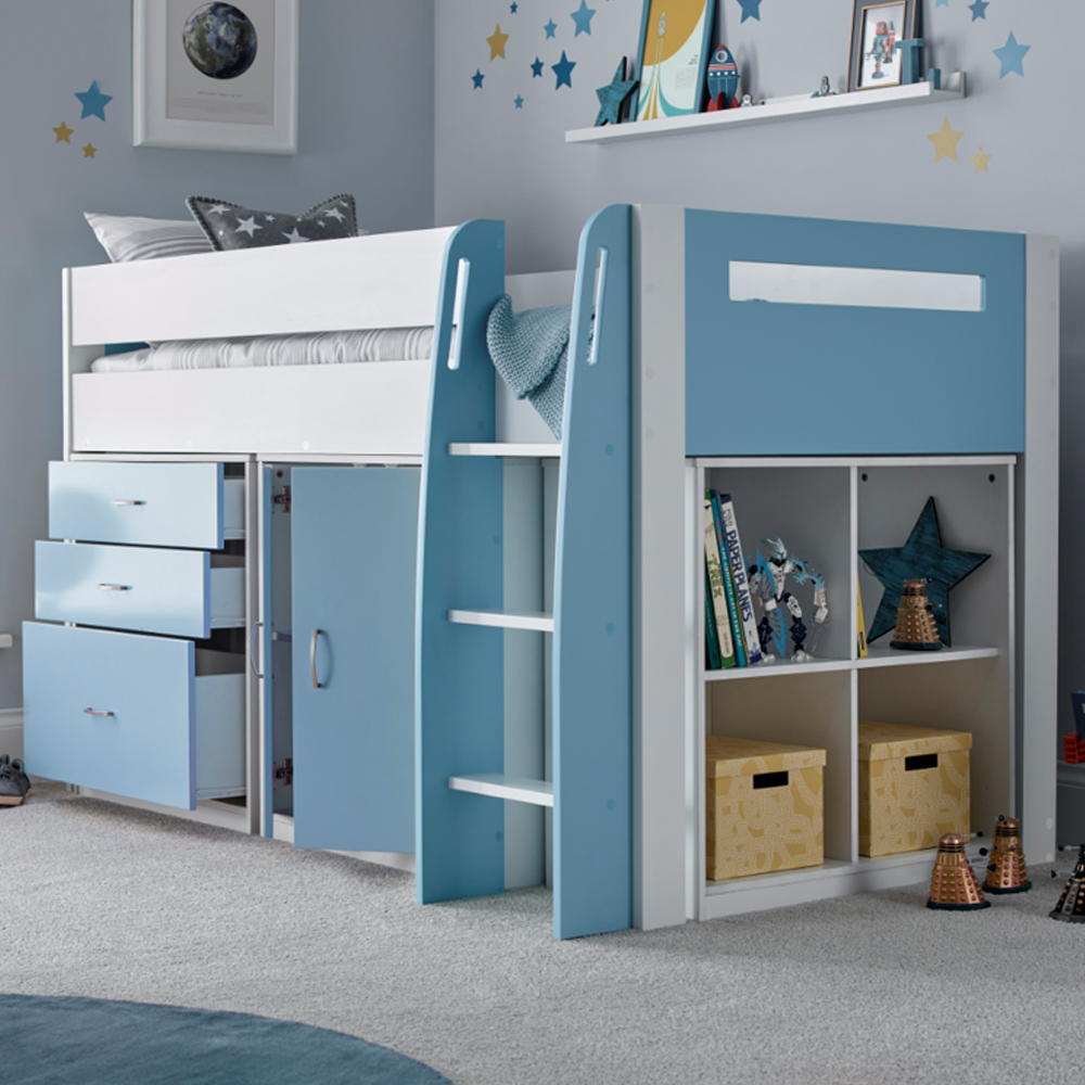 Lackey Wooden Mid Sleeper Bed With Storage In Blue And White