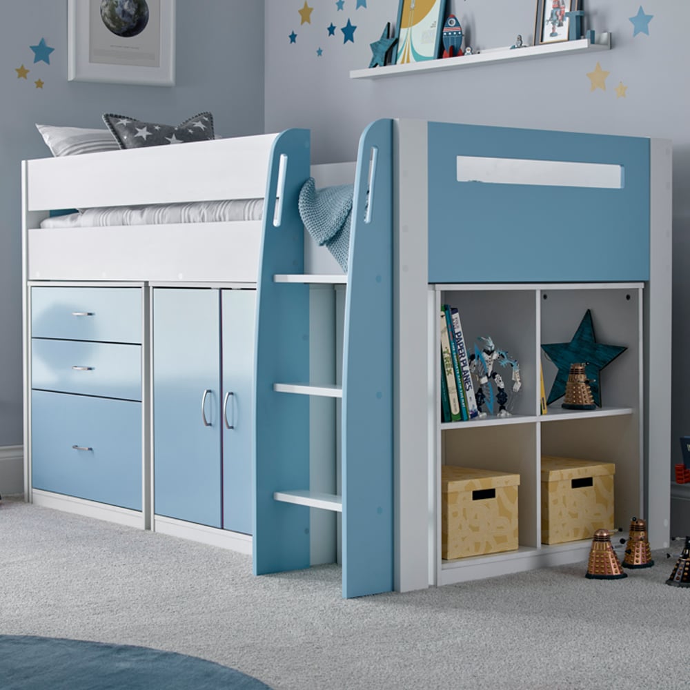 Lackey Wooden Mid Sleeper Bed With Storage In Blue And White