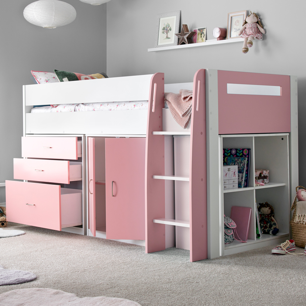 Lackey Wooden Mid Sleeper Bed With Storage In Pink And White
