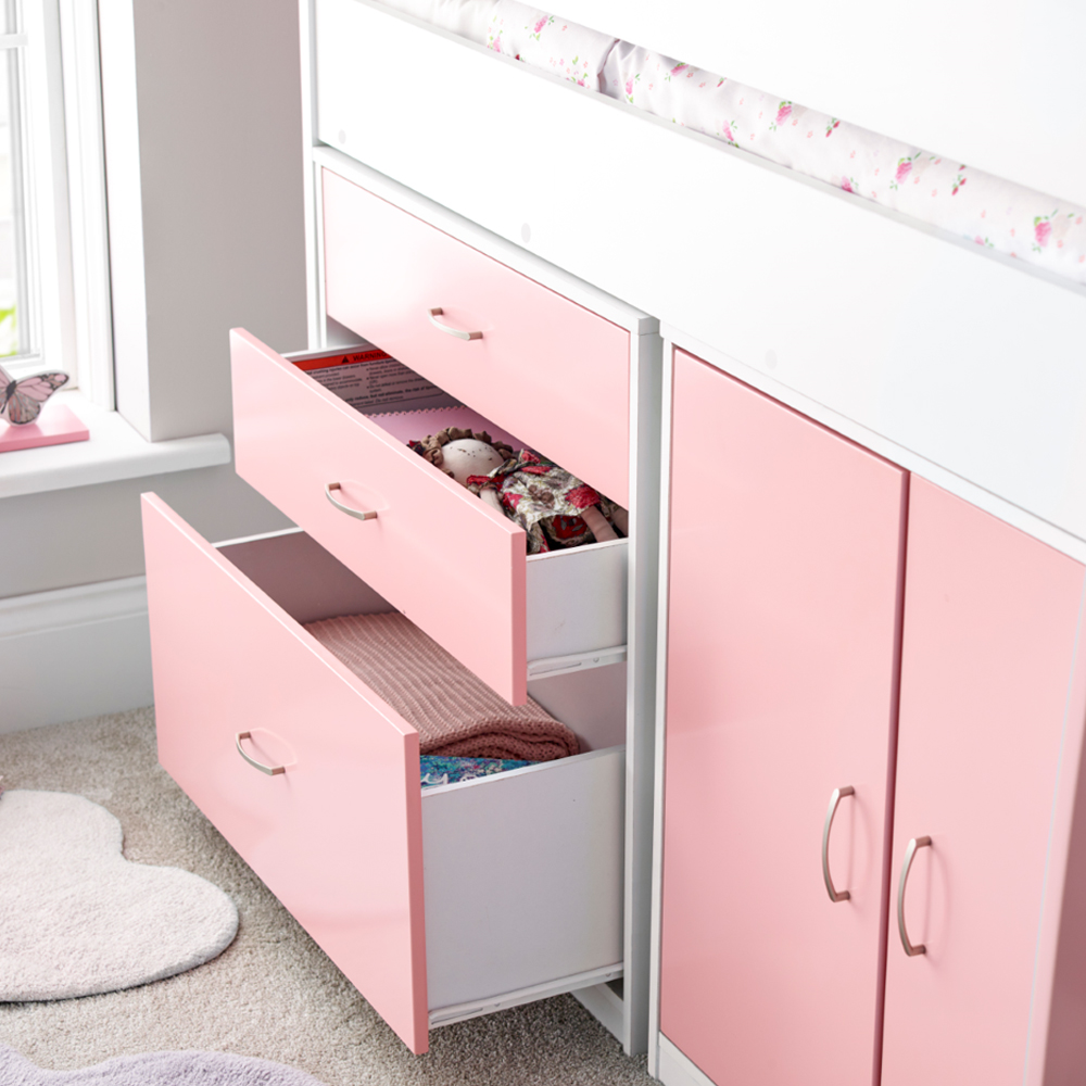 Lackey Wooden Mid Sleeper Bed With Storage In Pink And White