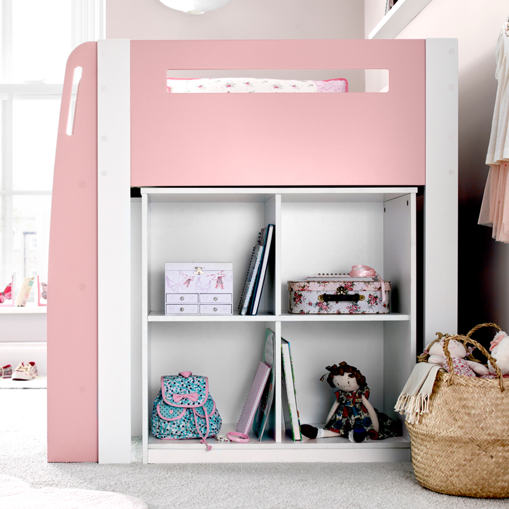 Lackey Wooden Mid Sleeper Bed With Storage In Pink And White