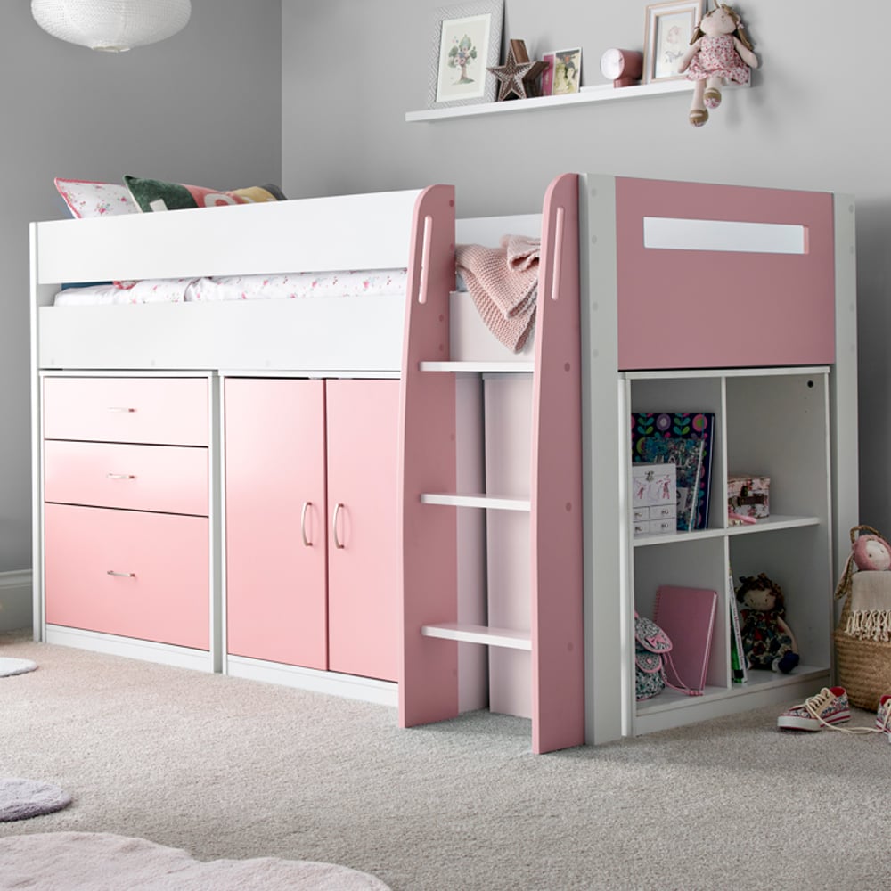 Lackey Wooden Mid Sleeper Bed With Storage In Pink And White