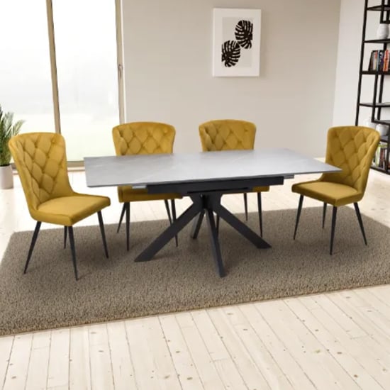 Lacole Extending Grey Dining Table With 6 Merill Mustard Chairs