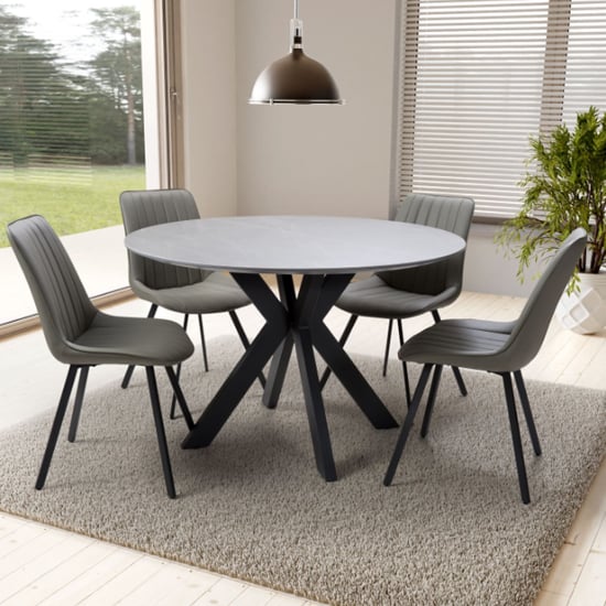 Photo of Lacole grey dining table round with 4 macia truffle chairs