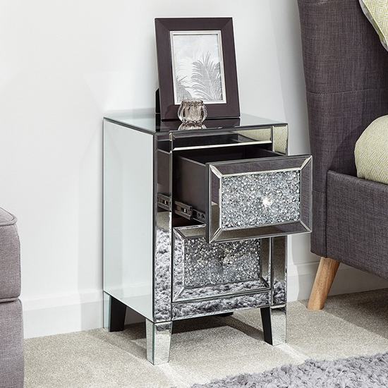 Lostock Mirrored Jewelled Bedside Cabinet With 2 Drawers_2