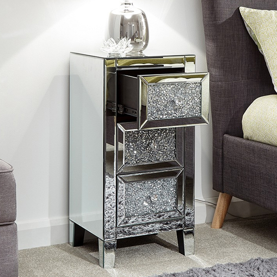 Lostock Mirrored Jewelled Bedside Cabinet With 3 Drawers_2