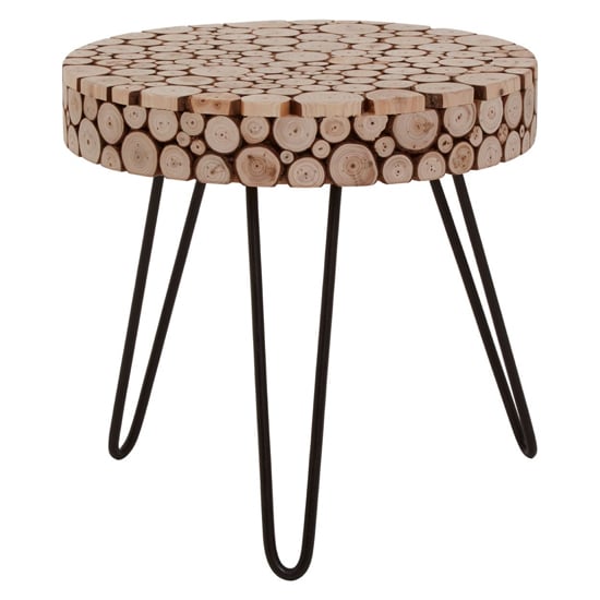 Read more about Laconia round wooden side table with hairpin legs in natural