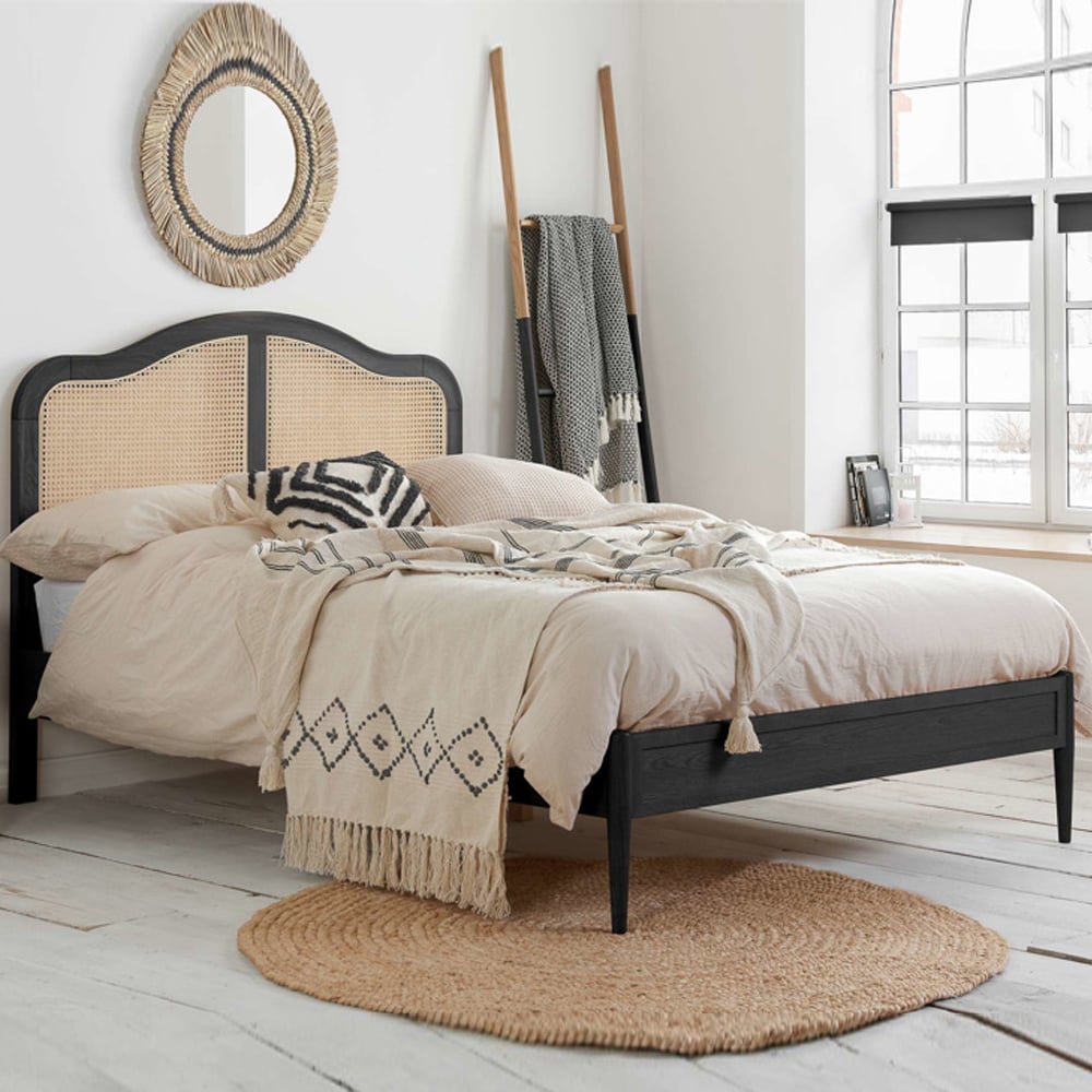 Ladson Wooden Super King Size Bed With Rattan Headboard In Black