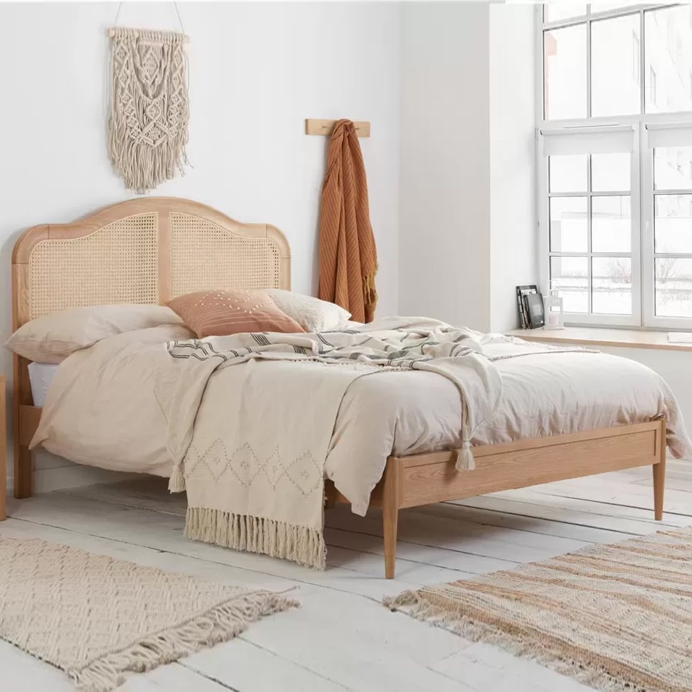Ladson Wooden Super King Size Bed With Rattan Headboard In Oak