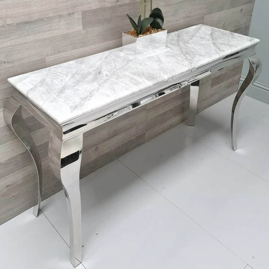 Photo of Lael marble console table in grey with chrome metal base