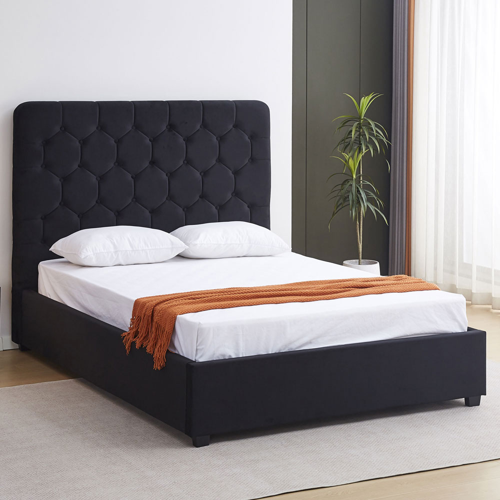 Laelio Velvet Fabric King Size Bed in Black