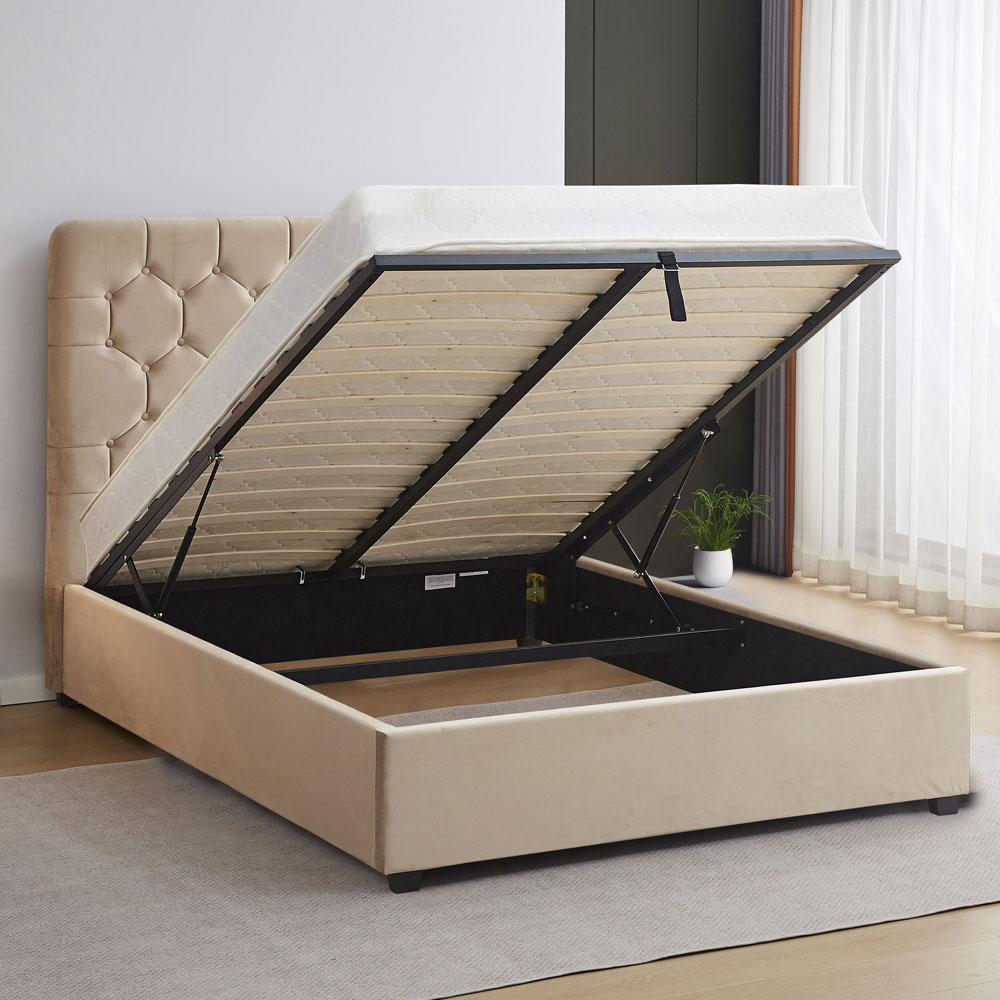Laelio Velvet Fabric Ottoman Storage Double Bed in Fawn