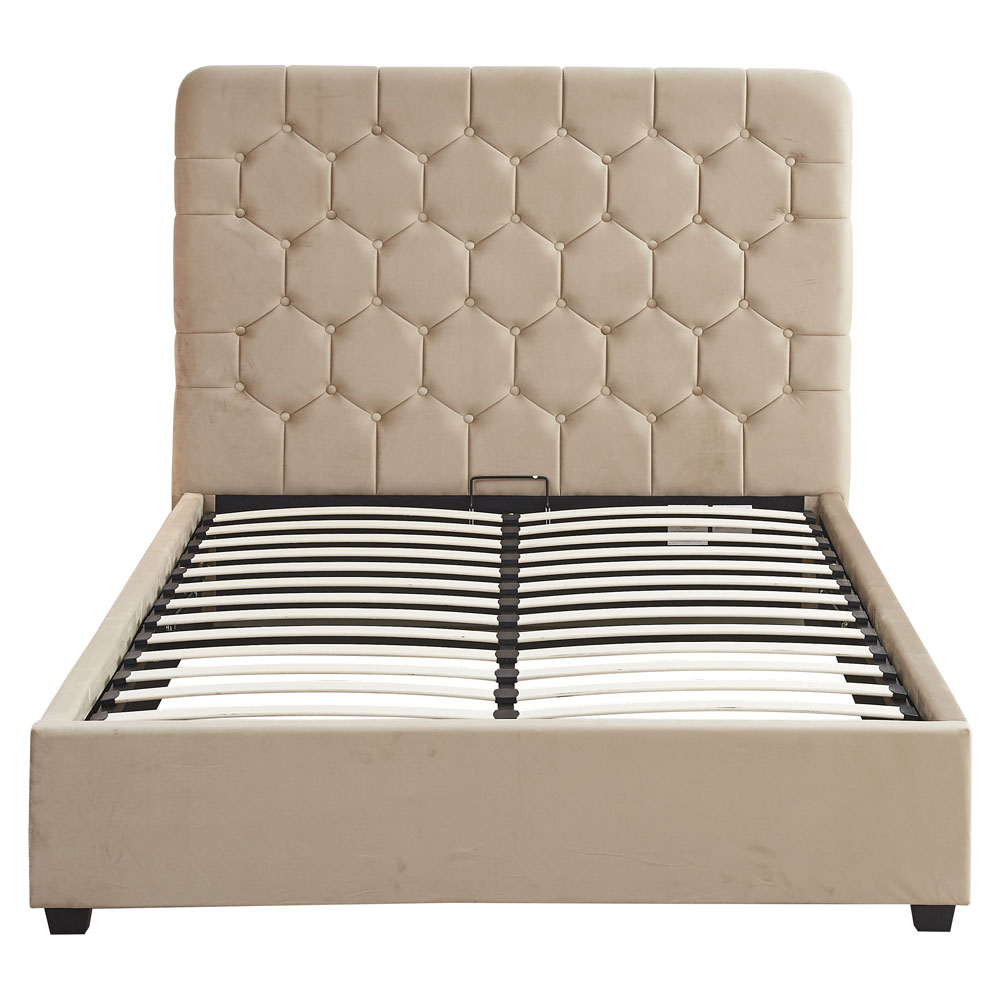 Laelio Velvet Fabric Ottoman Storage Double Bed in Fawn