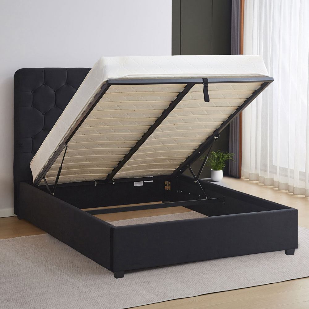 Laelio Velvet Fabric Ottoman Storage King Size Bed in Black