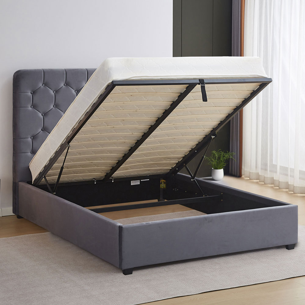 Laelio Velvet Fabric Ottoman Storage King Size Bed in Grey
