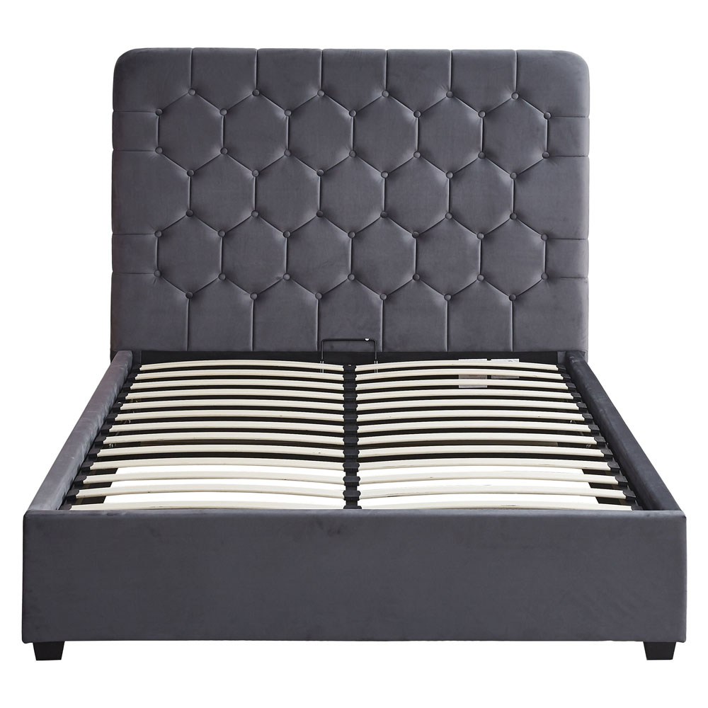 Laelio Velvet Fabric Ottoman Storage King Size Bed in Grey